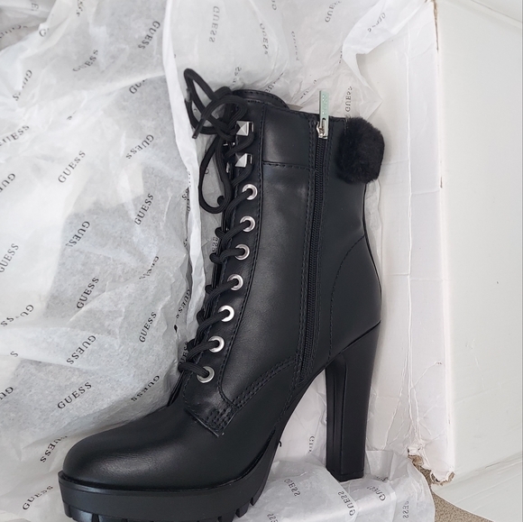Guess Tetian Black Leather Faux-Fur Lace-Up Stiletto Heeled Boots Women's 9 NWT - Picture 16 of 16